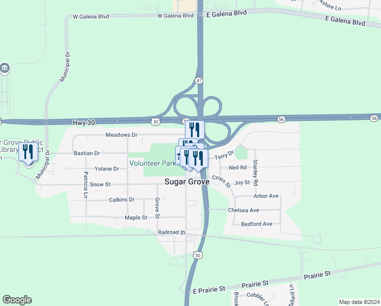 map of restaurants, bars, coffee shops, grocery stores, and more near 61 Sugar Lane in Sugar Grove