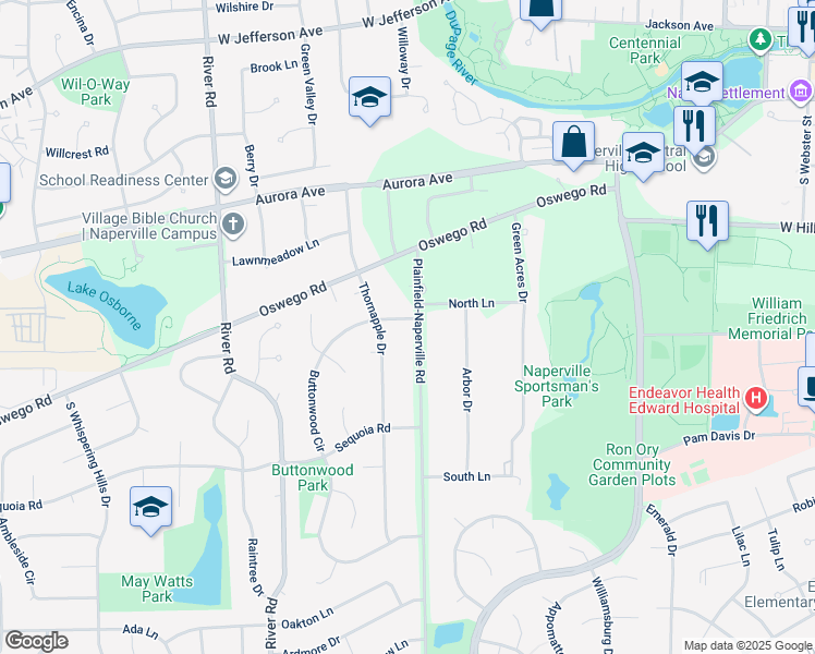 map of restaurants, bars, coffee shops, grocery stores, and more near 7S338 Plainfield-Naperville Road in Naperville