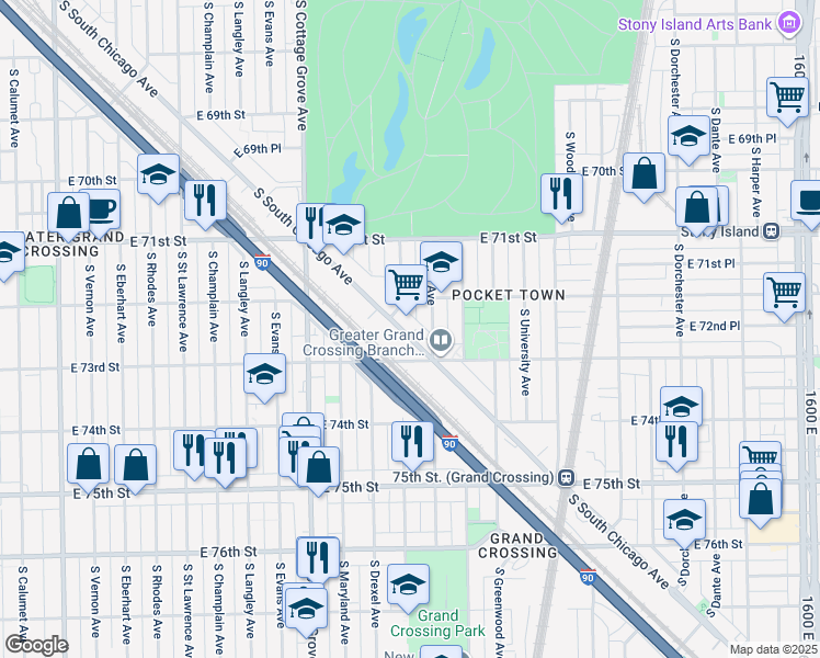 map of restaurants, bars, coffee shops, grocery stores, and more near 7275 South South Chicago Avenue in Chicago