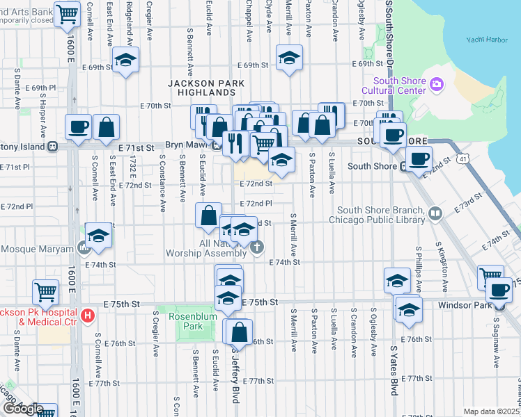 map of restaurants, bars, coffee shops, grocery stores, and more near 2043 East 72nd Place in Chicago