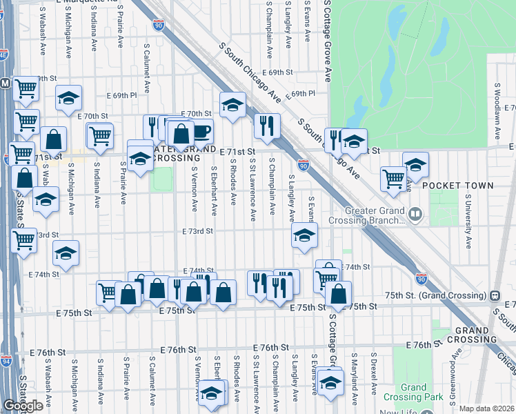 map of restaurants, bars, coffee shops, grocery stores, and more near 7225 South Saint Lawrence Avenue in Chicago