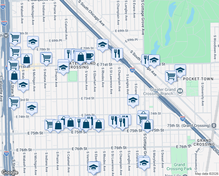 map of restaurants, bars, coffee shops, grocery stores, and more near 7230 South Saint Lawrence Avenue in Chicago