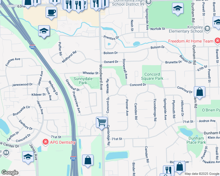 map of restaurants, bars, coffee shops, grocery stores, and more near 6801 Meade Road in Downers Grove