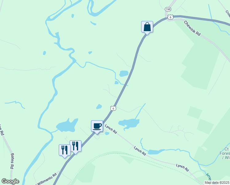 map of restaurants, bars, coffee shops, grocery stores, and more near 122 Willimantic Road in Chaplin