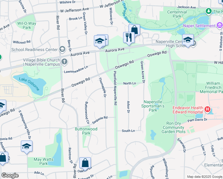 map of restaurants, bars, coffee shops, grocery stores, and more near 7S338 Plainfield-Naperville Road in Naperville