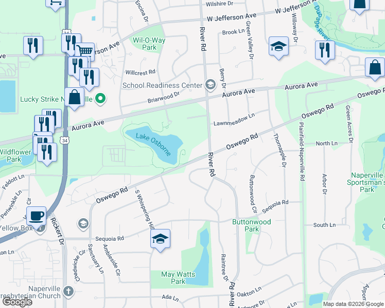 map of restaurants, bars, coffee shops, grocery stores, and more near 1309 Oswego Road in Naperville
