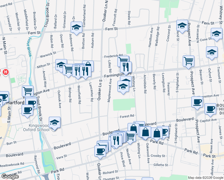 map of restaurants, bars, coffee shops, grocery stores, and more near 42 Maplewood Avenue in West Hartford