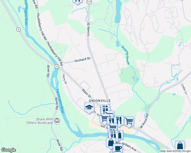 map of restaurants, bars, coffee shops, grocery stores, and more near 1 Sanford Avenue in Farmington