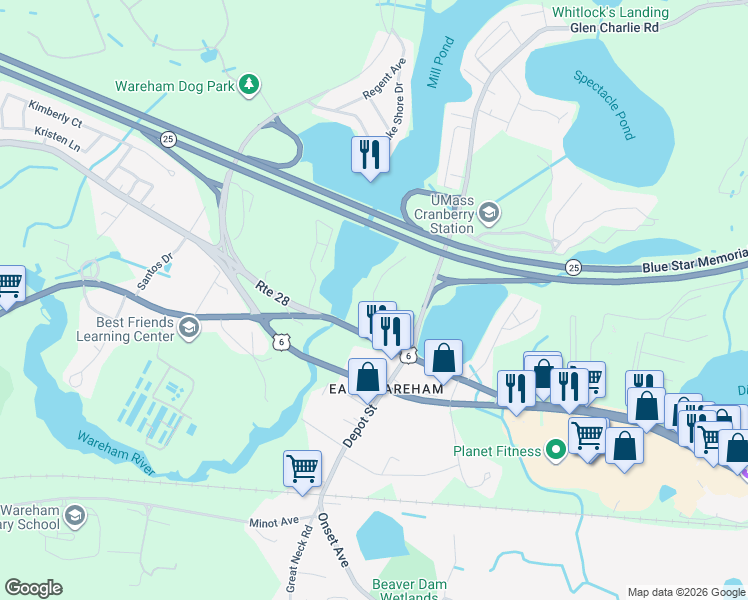 map of restaurants, bars, coffee shops, grocery stores, and more near 15 Old Glen Charlie Road in Wareham