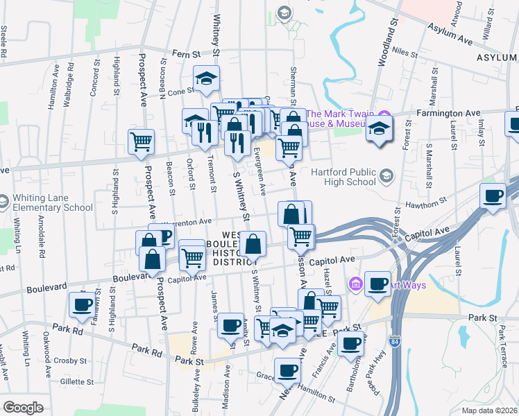 map of restaurants, bars, coffee shops, grocery stores, and more near 85 Evergreen Avenue in Hartford