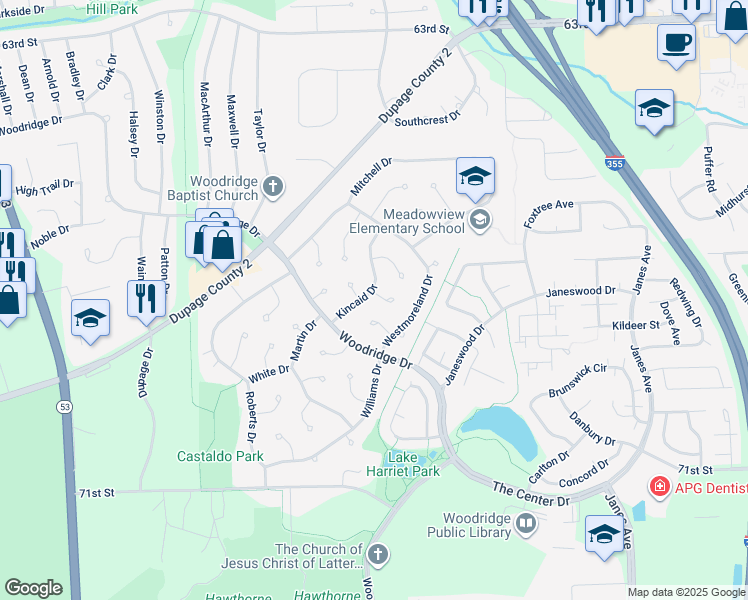 map of restaurants, bars, coffee shops, grocery stores, and more near 2705 Ohare Court in Woodridge