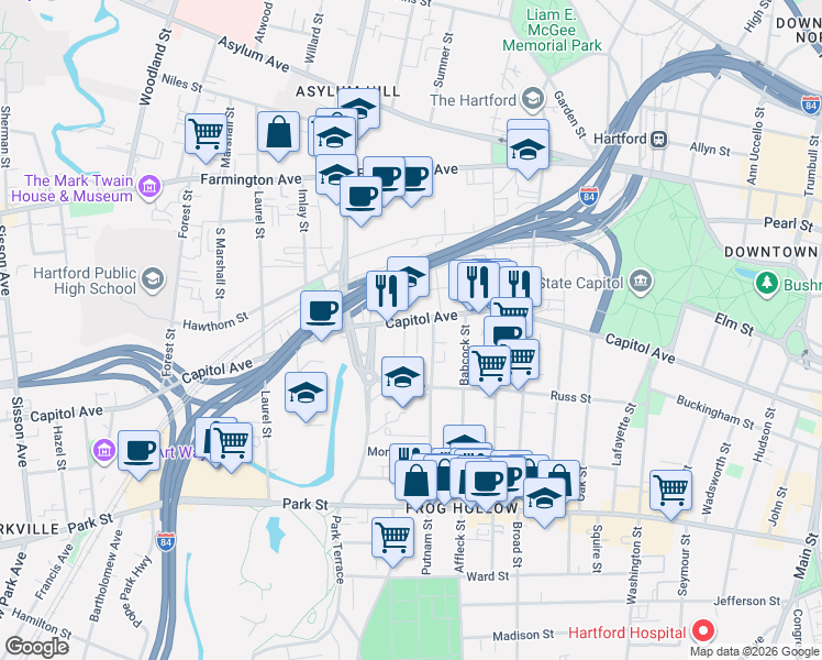 map of restaurants, bars, coffee shops, grocery stores, and more near 6 Columbia Street in Hartford