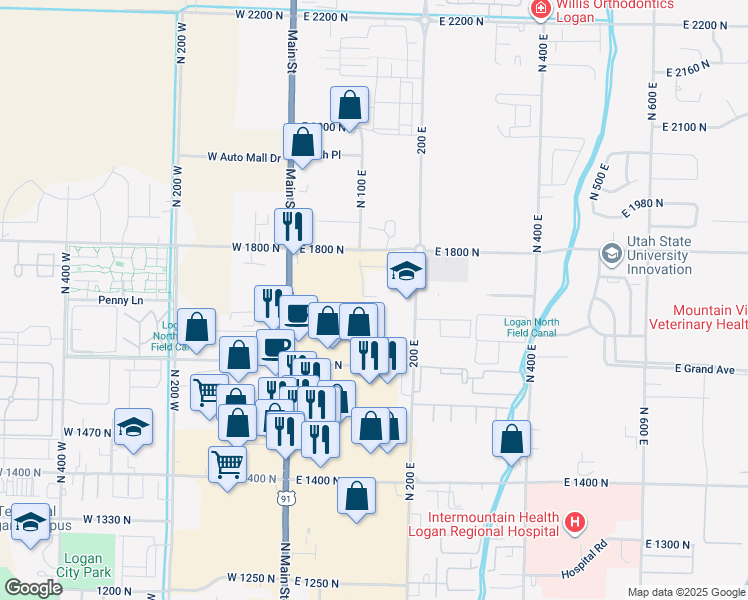 map of restaurants, bars, coffee shops, grocery stores, and more near 1655 North 200 East in North Logan