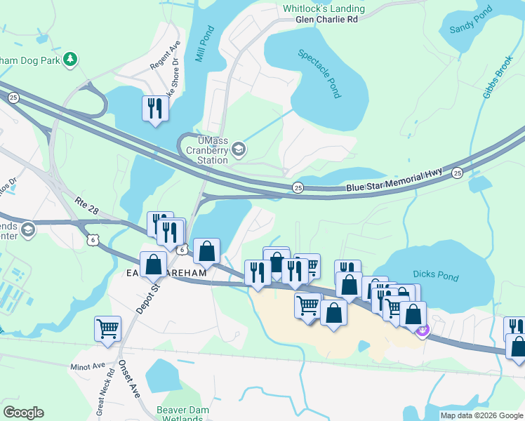 map of restaurants, bars, coffee shops, grocery stores, and more near 416 Gatehouse Drive in Wareham