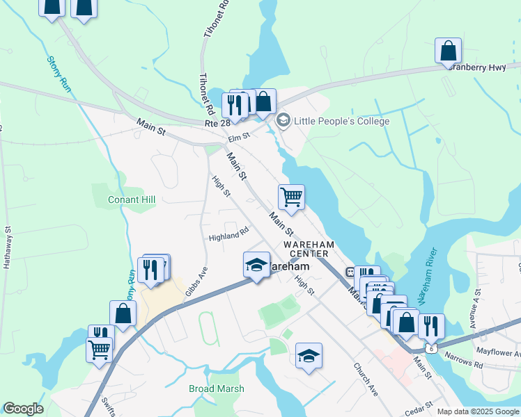 map of restaurants, bars, coffee shops, grocery stores, and more near 408 Main Street in Wareham