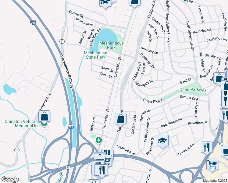 map of restaurants, bars, coffee shops, grocery stores, and more near 2334 Cranston Street in Cranston