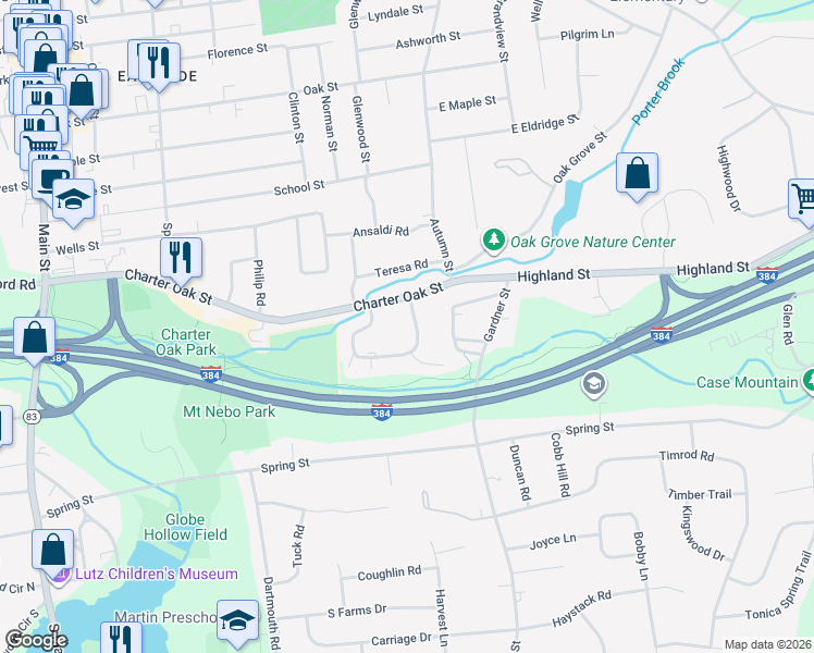map of restaurants, bars, coffee shops, grocery stores, and more near 113 Sycamore Lane in Manchester