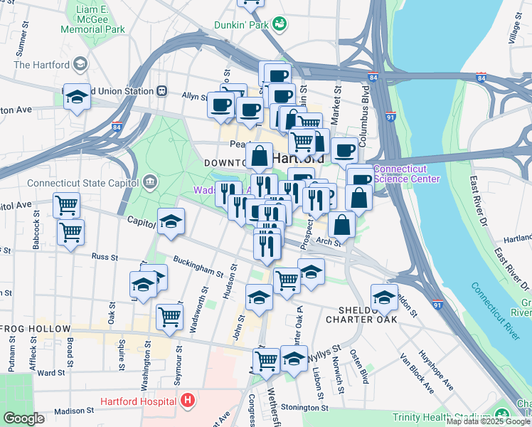 map of restaurants, bars, coffee shops, grocery stores, and more near 100 Wells Street in Hartford