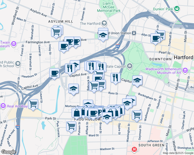 map of restaurants, bars, coffee shops, grocery stores, and more near in Hartford