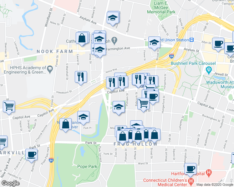 map of restaurants, bars, coffee shops, grocery stores, and more near 14 Columbia Street in Hartford