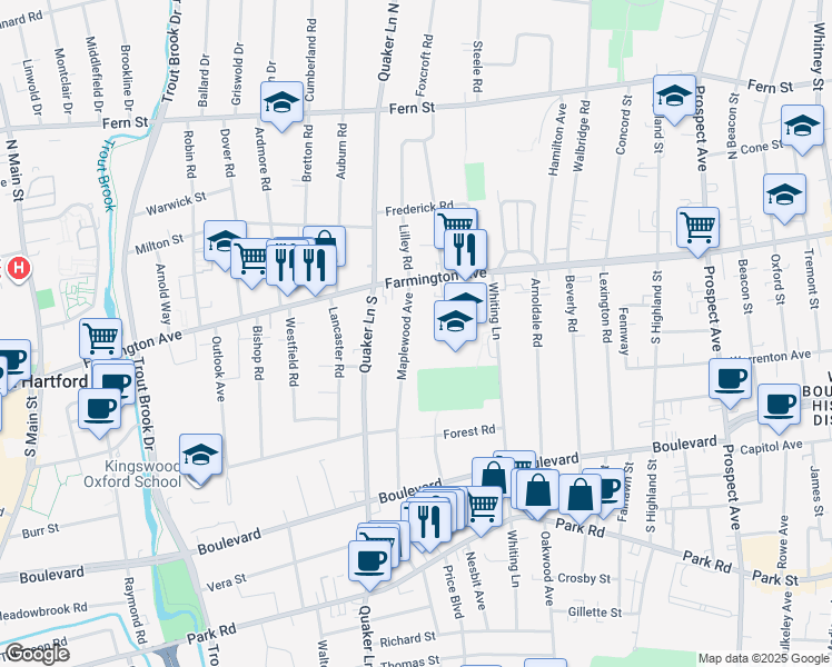 map of restaurants, bars, coffee shops, grocery stores, and more near 50 Maplewood Avenue in West Hartford