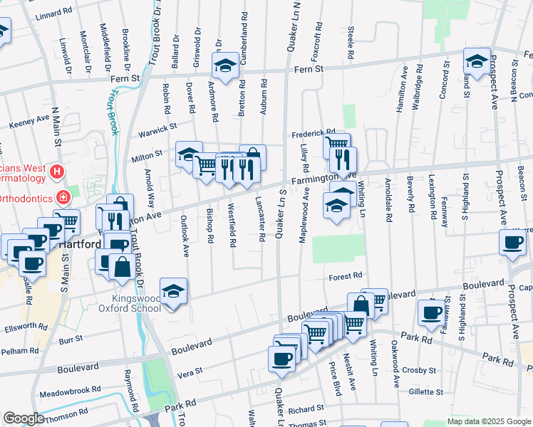 map of restaurants, bars, coffee shops, grocery stores, and more near 37 Lancaster Road in West Hartford