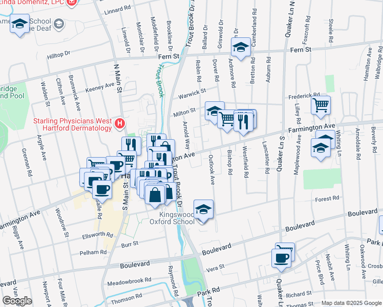 map of restaurants, bars, coffee shops, grocery stores, and more near 893 Farmington Avenue in West Hartford