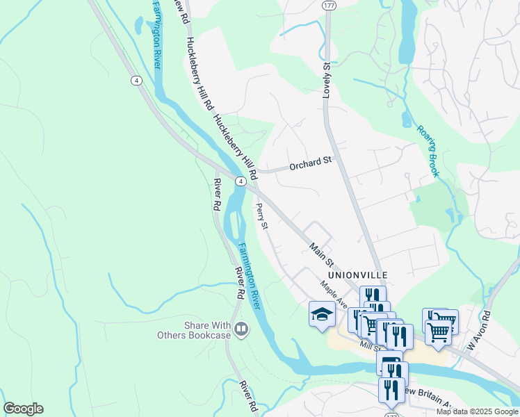 map of restaurants, bars, coffee shops, grocery stores, and more near 185 Perry Street in Farmington