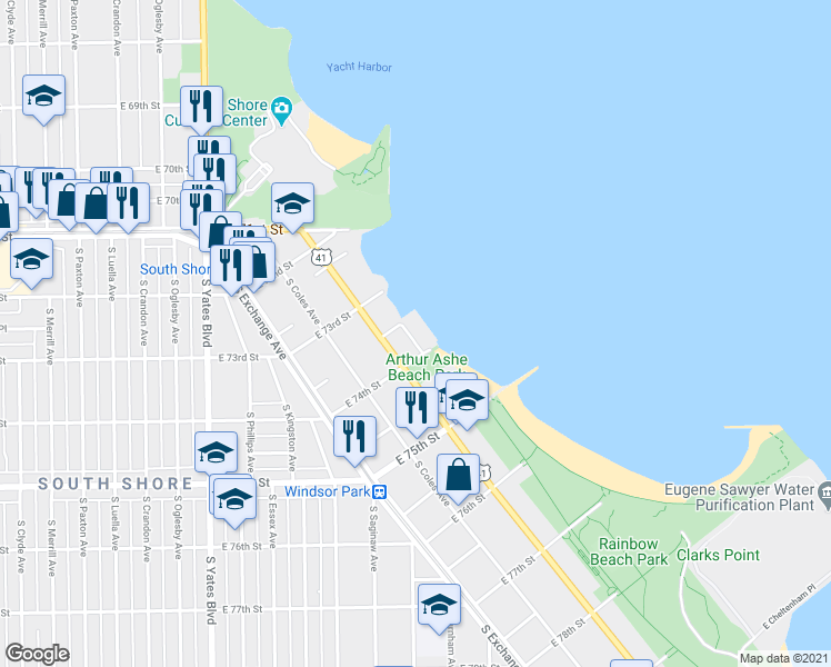 map of restaurants, bars, coffee shops, grocery stores, and more near 7337 South South Shore Drive in Chicago