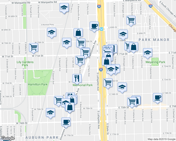 map of restaurants, bars, coffee shops, grocery stores, and more near 7218 South Perry Avenue in Chicago