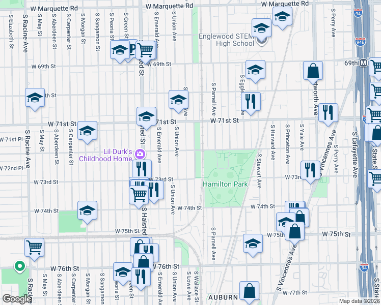 map of restaurants, bars, coffee shops, grocery stores, and more near 7210 South Lowe Avenue in Chicago