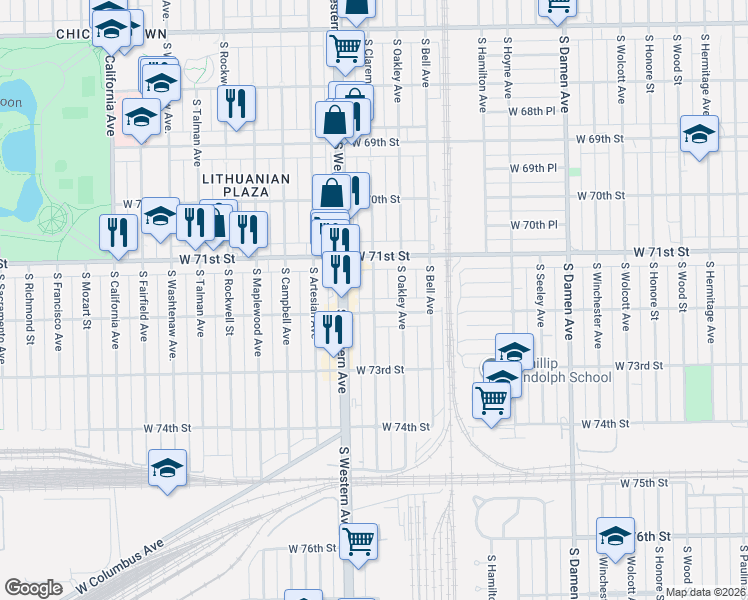 map of restaurants, bars, coffee shops, grocery stores, and more near 2344 West 72nd Street in Chicago