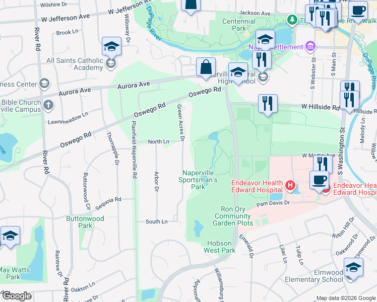map of restaurants, bars, coffee shops, grocery stores, and more near 7S361 Green Acres Drive in Naperville