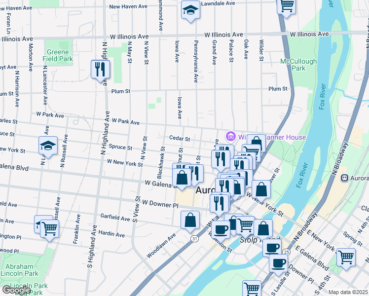 map of restaurants, bars, coffee shops, grocery stores, and more near 403 Spruce Street in Aurora