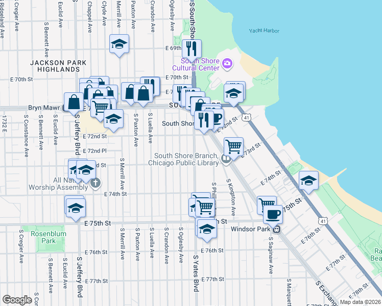 map of restaurants, bars, coffee shops, grocery stores, and more near 7236 South Yates Boulevard in Chicago