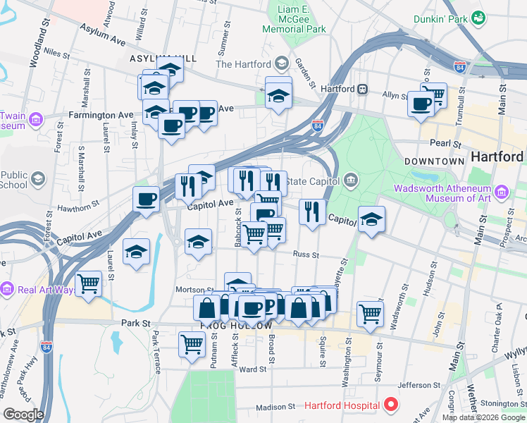 map of restaurants, bars, coffee shops, grocery stores, and more near in Hartford