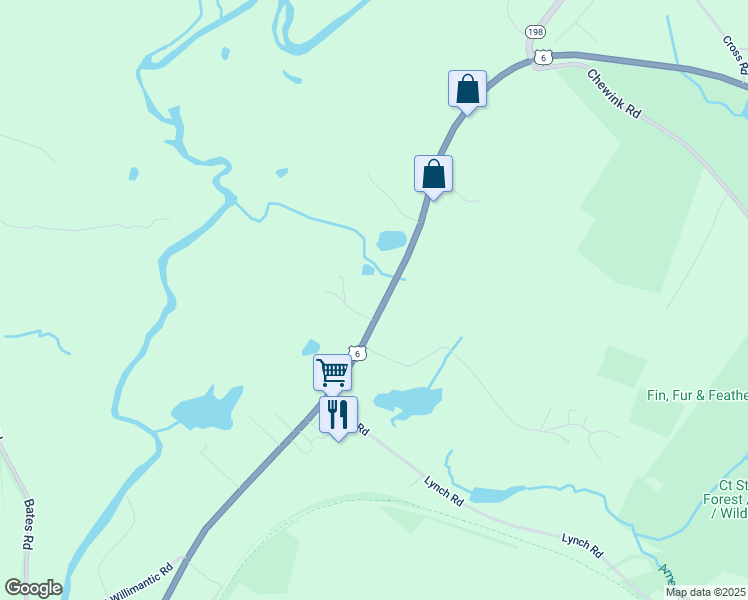 map of restaurants, bars, coffee shops, grocery stores, and more near 122 Willimantic Road in Chaplin