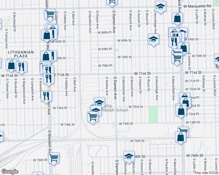 map of restaurants, bars, coffee shops, grocery stores, and more near 7158 South Seeley Avenue in Chicago