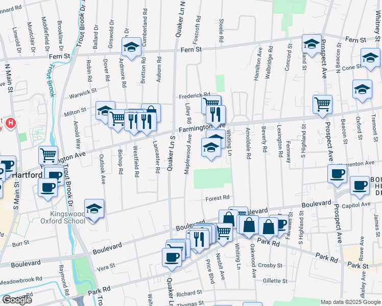 map of restaurants, bars, coffee shops, grocery stores, and more near 44 Maplewood Avenue in West Hartford