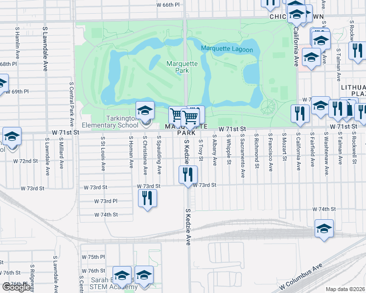 map of restaurants, bars, coffee shops, grocery stores, and more near 7149 South Sawyer Avenue in Chicago