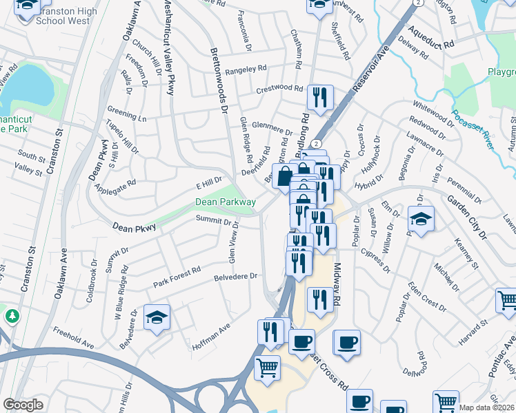 map of restaurants, bars, coffee shops, grocery stores, and more near 386 Meshanticut Valley Parkway in Cranston