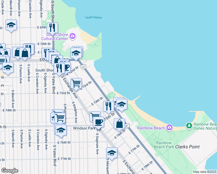 map of restaurants, bars, coffee shops, grocery stores, and more near 7337 South South Shore Drive in Chicago
