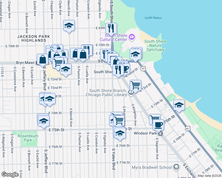 map of restaurants, bars, coffee shops, grocery stores, and more near 7250 South Yates Boulevard in Chicago