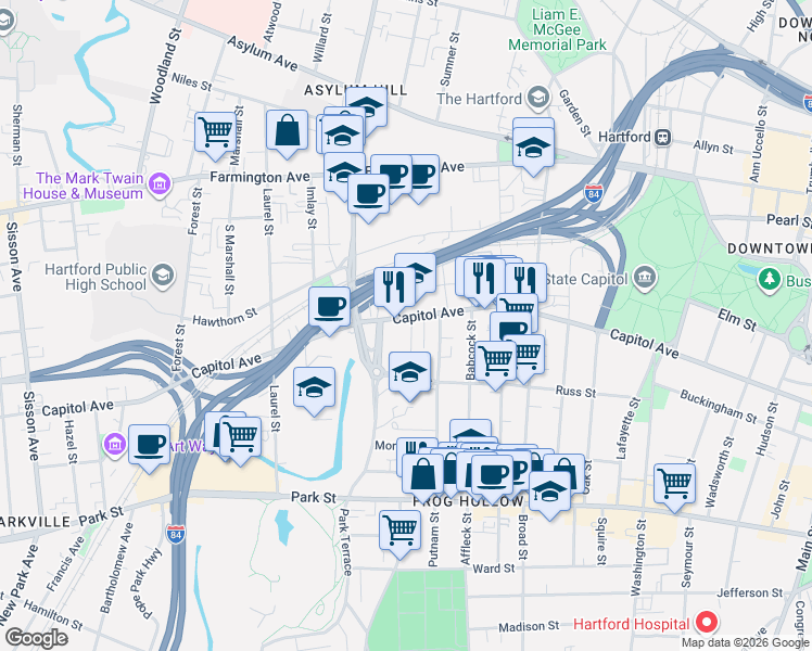 map of restaurants, bars, coffee shops, grocery stores, and more near 3 Columbia Street in Hartford