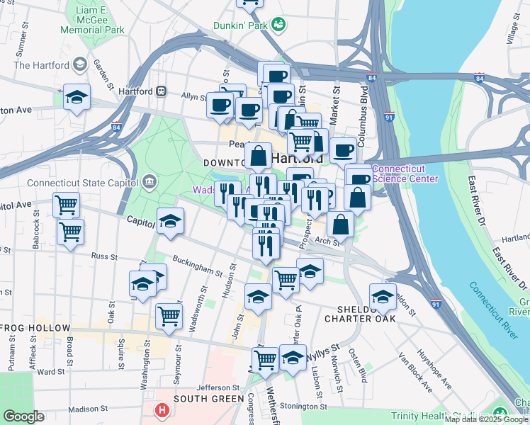 map of restaurants, bars, coffee shops, grocery stores, and more near 100 Wells Street in Hartford
