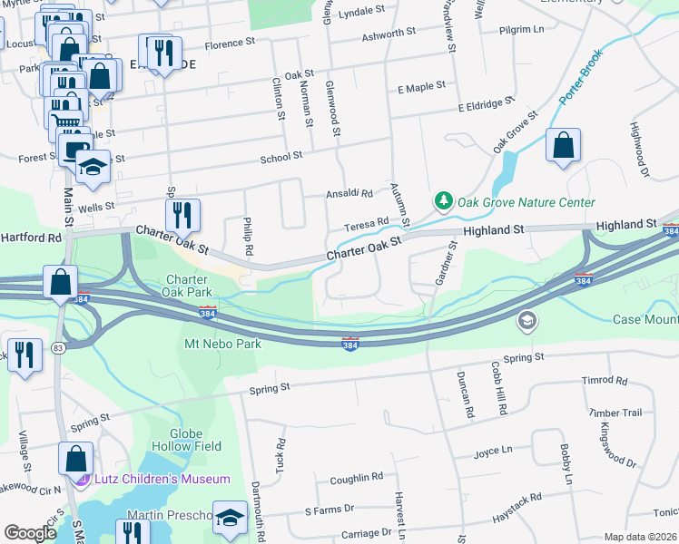 map of restaurants, bars, coffee shops, grocery stores, and more near Sycamore Lane in Manchester