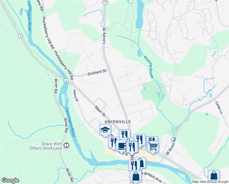 map of restaurants, bars, coffee shops, grocery stores, and more near 161 Lovely Street in Farmington
