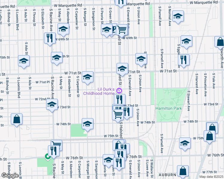 map of restaurants, bars, coffee shops, grocery stores, and more near South Green Street & West 72nd Street in Chicago
