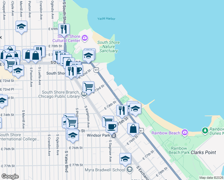 map of restaurants, bars, coffee shops, grocery stores, and more near 7337 South South Shore Drive in Chicago