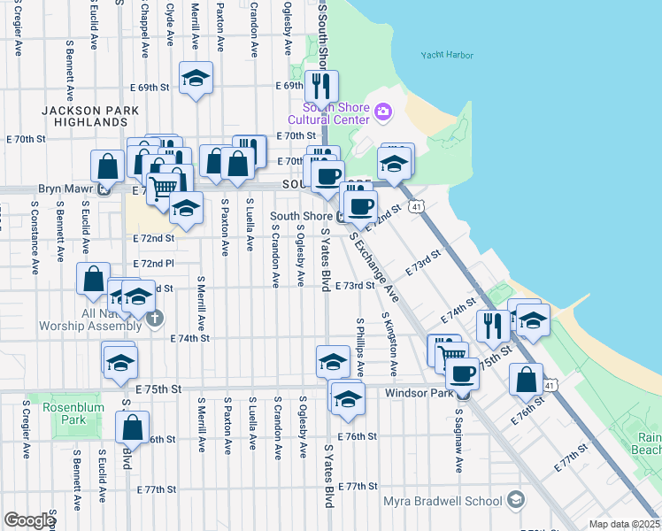 map of restaurants, bars, coffee shops, grocery stores, and more near 7235 South Yates Boulevard in Chicago